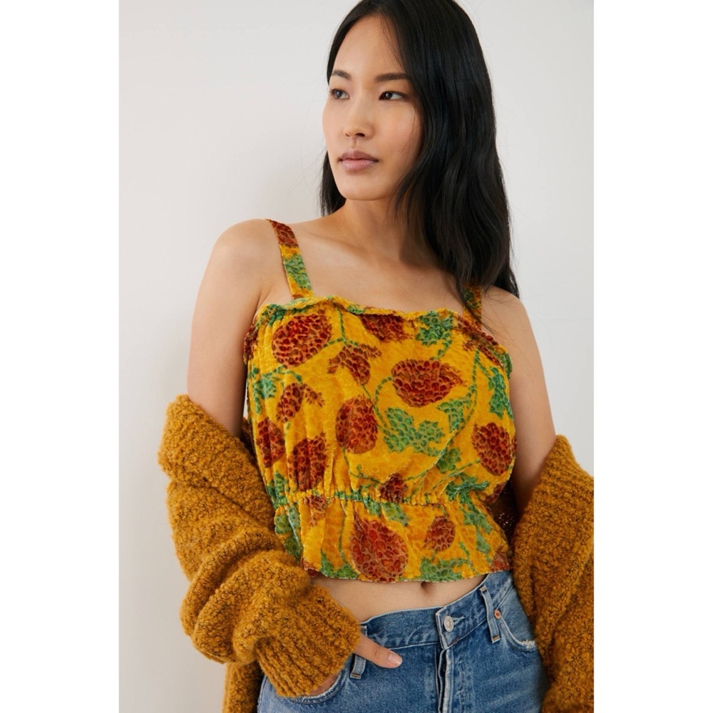 Anthropologie Felipa Velvet Texture Ruffle Sleeveless Crop Top Golden Yellow